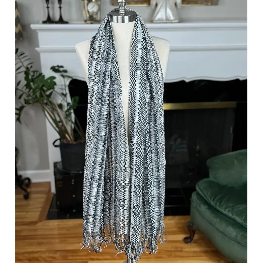 Vintage Missoni Scarf, Wool Blend Silver Gray Tan Zigzag, 68